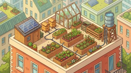 Fototapeta premium Innovative Rooftop Garden Design: Embrace Sustainable Urban Agriculture with Greenhouses and Solar Energy for a Thriving Eco-Friendly Community Space