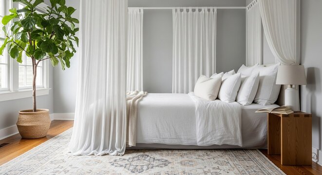 A clean and bright bedroom styled in white and grey tones, featuring a large canopy bed, white linens, and a tall indoor tree in a clay pot.