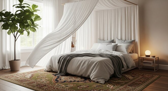 A serene bedroom featuring a white canopy bed with flowing curtains, a large potted fiddle-leaf fig plant, and a vintage-style patterned rug.