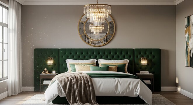 A luxurious hotel-style bedroom featuring a large dark green velvet tufted headboard. A crystal chandelier hangs from the ceiling, and there is a round mirror above the bed.