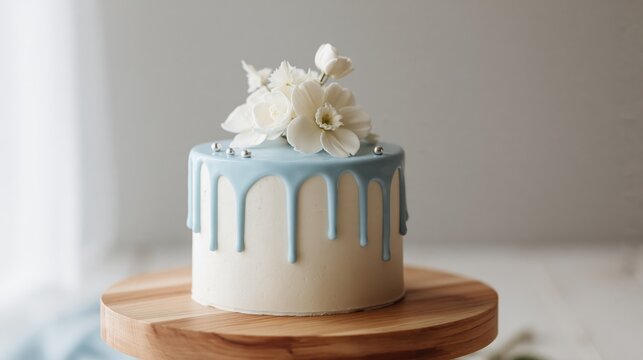 Minimalist round baby cake topped with white sugar flowers and pale blue drip frosting for baby shower banner and party background design