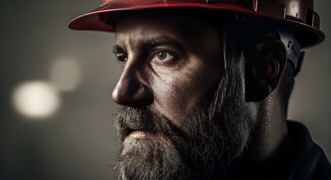 Portrait of handsome engineer. Builder in hard hat, foreman or repairman in the helmet. Worker in hardhat. Portrait mechanical worker. Bearded man in suit with construction helmet. Copy space