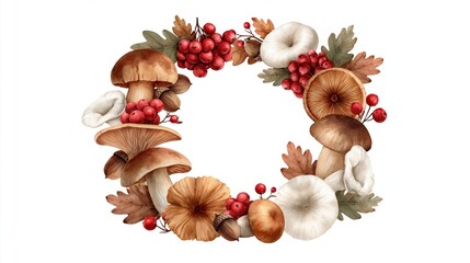 Fototapeta premium Hand painted watercolor mushroom wreath with autumn leaves and bright berries for seasonal greeting card and botanical frame design