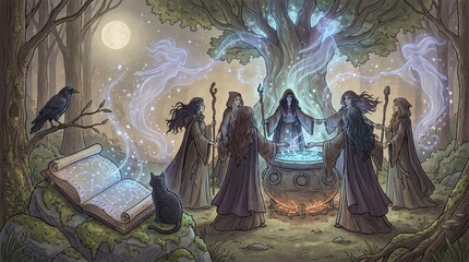 Fototapeta premium Enchanting Ritual of Witches Under the Moonlight: A Mystical Gathering in the Forest with Spells and Spirits