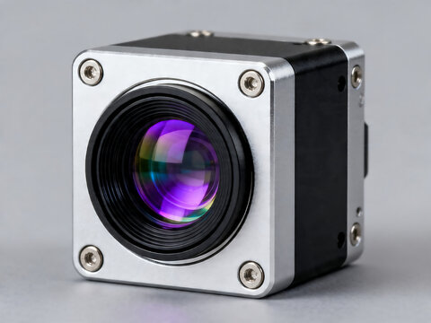 Industrial machine vision camera with purple lens coating, compact digital sensor for automation, high-tech optical imaging hardware isolated on White Background
