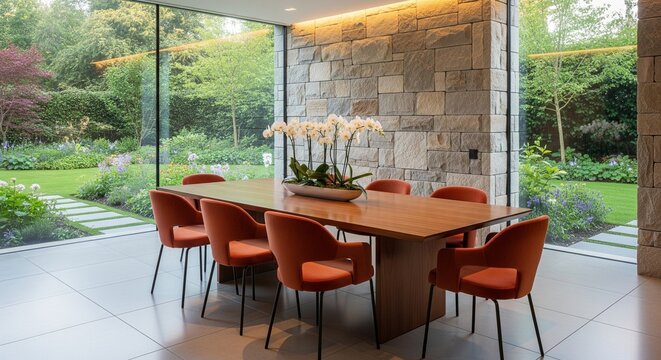 A spacious dining room featuring a long wooden table and orange chairs, surrounded by glass walls showing a lush backyard garden.
