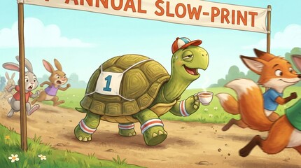 Obraz premium Join the Excitement of the Annual Slow-Print Race Featuring a Playful Turtle, Energetic Rabbits, and a Fox, Celebrating Friendship and Fun in a Whimsical Outdoor Setting