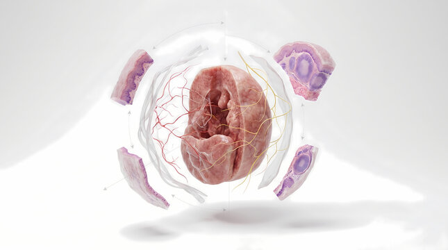 3D Detailed Anatomical Illustration of Human Brain Cross-Section with Neural Structures and Tissue