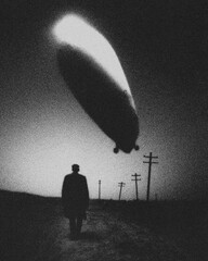 Silhouette of a man watching a giant zeppelin airship floating in the night sky, vintage film grain style, retro futuristic noir aesthetic, atmospheric mystery © Oleksandr