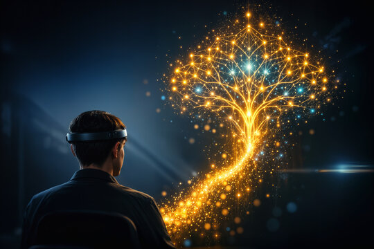 Neurofeedback learning visualization with student wearing BCI headband and golden neural tree hologram symbolizing ADHD support focus training neuro-education cognitive enhancement