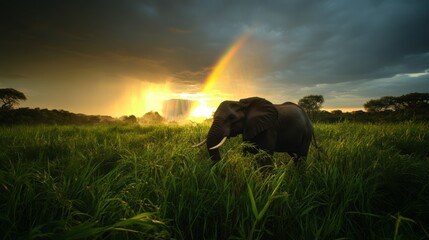 Naklejka premium Majestic elephant roaming in lush greenery under a vibrant rainbow african savannah wildlife photography natural environment serene viewpoint