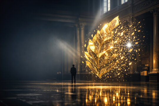 Translucent golden geometric leaf deconstructing into glowing digital shards symbolizing NFT 2.0 fractional ownership and museum art investment with anonymous visitor