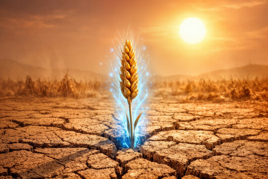 Heat resistant golden wheat stalk glowing with blue biotech aura in cracked drought landscape symbolizing climate smart agriculture food security and drought resistant crop innovation