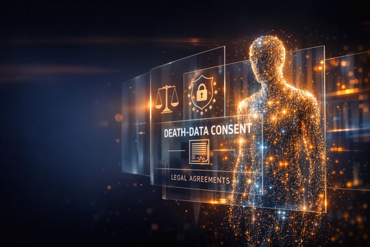 Digital ghost composed of glowing data filaments behind translucent crystalline Death-Data Consent legal barriers symbolizing AI ethics data privacy digital afterlife bereavement tech EU law