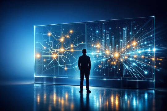 Universal Basic Services digital rights concept person silhouette before holographic city neural network showing public transit routes and high speed connectivity