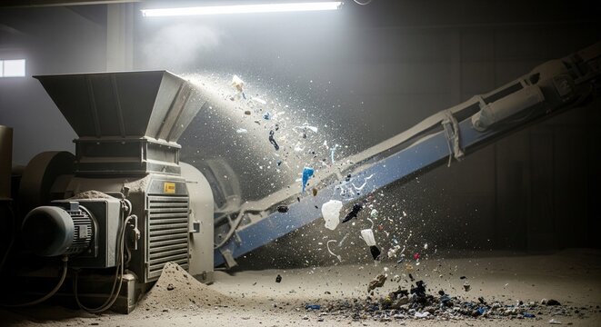 An industrial shredding machine with a blue conveyor belt throwing white plastic pieces and debris into the air in a misty factory setting.