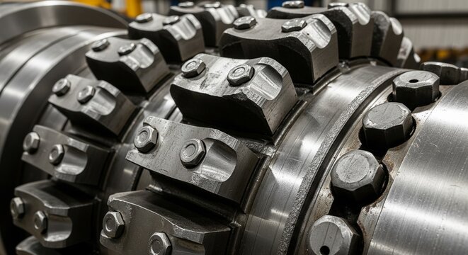 Close-up of heavy-duty industrial shredder metal teeth and rollers.
