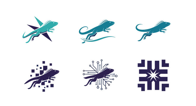 Six logos of iguanas in different styles, some with elements like stars or circuits