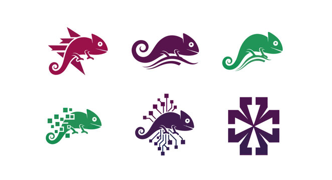 Six logos of chameleons, some stylized with speed lines, circuits, and a directional abstract shape