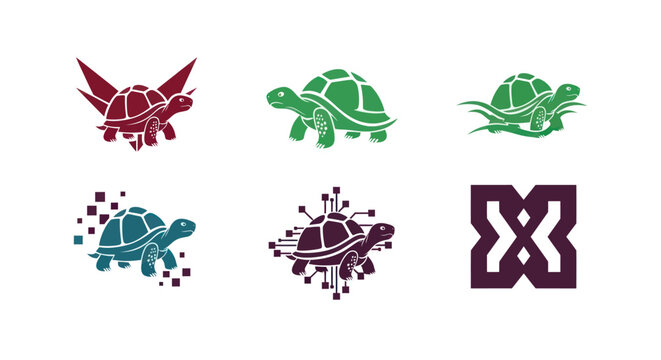 Six minimalist logos on white. Includes turtles, a geometric shape and a design incorporating technology
