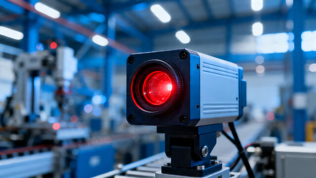Industrial smart camera with red laser sensor, automated machine vision system for quality control, robotic manufacturing facility equipment isolated on White Background