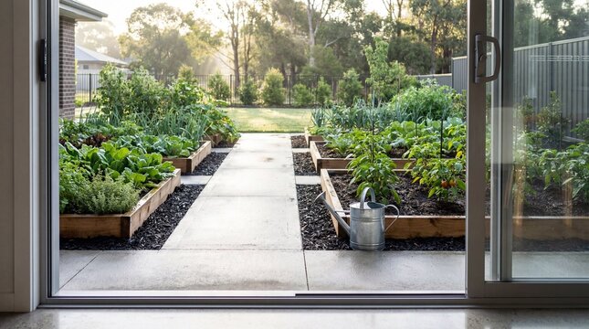 Beautiful raised garden beds overflowing with fresh produce on a sunny morning, creating an idyllic backyard oasis