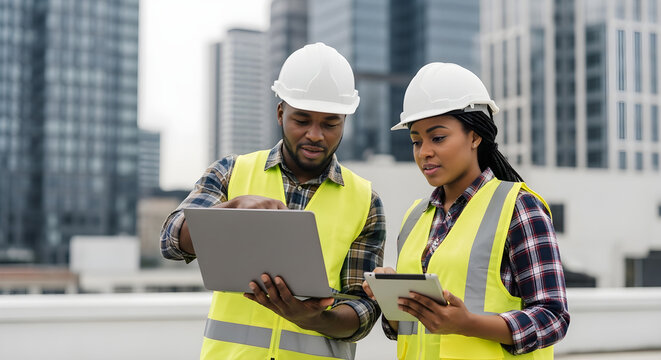 Group of African American engineer worker working in sewer pipes area at construction site. Male engineer and woman engineer work with laptop computer for maintenance sewer pipes, water tank