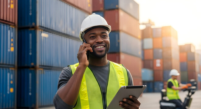 Logistics, shipping and construction worker on the phone with tablet in shipyard. Transportation engineer on smartphone in delivery, freight and international distribution business in container yard