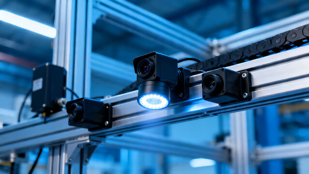 Industrial machine vision cameras with LED ring light on automated production line, smart factory quality control sensors, robotic manufacturing system isolated on White Background