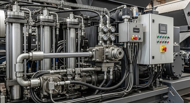 A detailed shot of an industrial hydraulic power unit and control panel with various pipes, gauges, cylinders, and buttons in a factory setting.