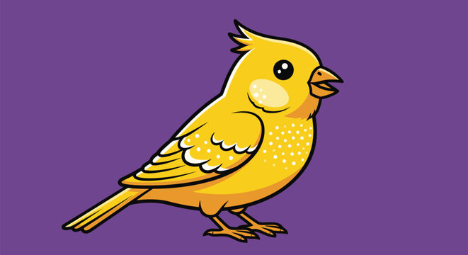 A cartoon-style canary is depicted in profile, with a crest, against a purple backdrop