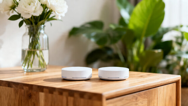 Modern smart home mesh wifi system on wooden table, white wireless internet routers in bright living room, minimalist home network technology isolated on White Background