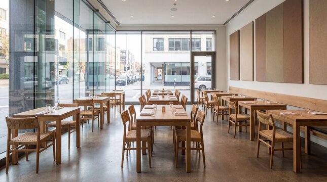 Cozy Restaurant Interior with Wooden Tables and Chairs Under Natural Light