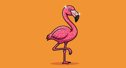 A pink cartoon flamingo stands on one leg against an orange background. It has sparkles © Ahmad