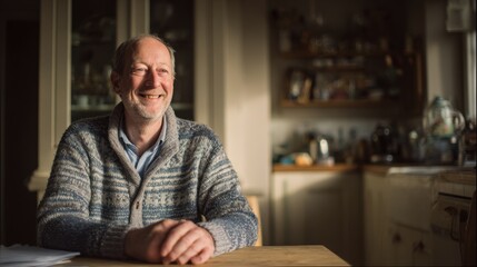 Fototapeta premium The same middle-aged man from the previous images sitting at the same kitchen table, now genuinely happy and relieved, smiling warmly with a relaxed posture 