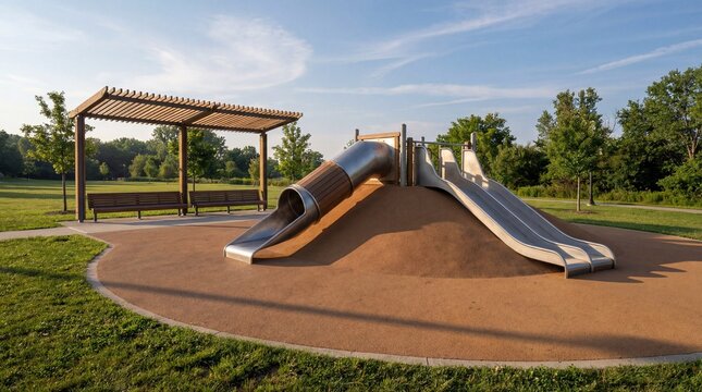 Sunny Day at the Park with Playground Slides and Shaded Seating Area for Family Fun