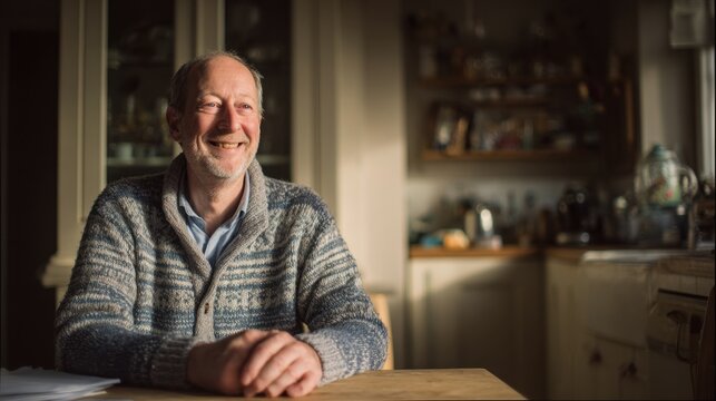 The same middle-aged man from the previous images sitting at the same kitchen table, now genuinely happy and relieved, smiling warmly with a relaxed posture
