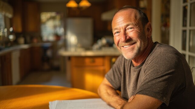 The same middle-aged man from the previous images sitting at the same kitchen table, now genuinely happy and relieved, smiling warmly with a relaxed posture
