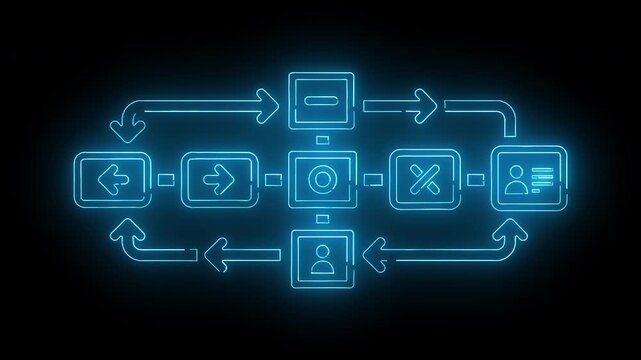 Neon-lit flowchart diagram with glowing blue icons and arrows on a dark background.