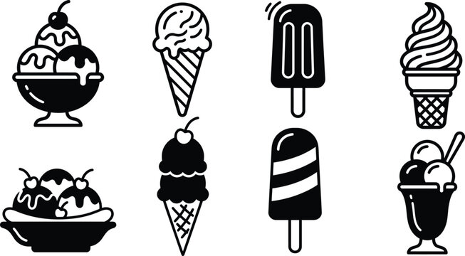 ice cream cone icon set, black color, simple and modern line icons with different cone and scoop styles, minimal design, isolated on transparent background, scalable vector
