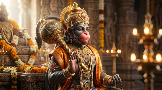 Statue of lord hanuman in a temple, adorned with gold jewelry and orange garb