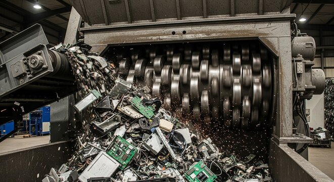 Electronic Scrap Falling into Industrial Shredding Machine