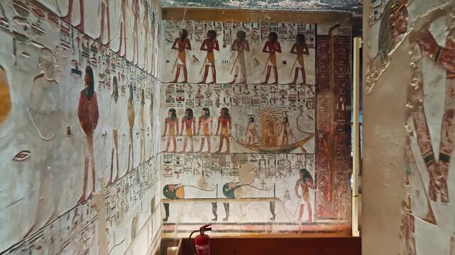 Interior view of the famous Seti the first tomb that is decorated with gods figures and hieroglyphs in the valley of Kings in Luxor in Egypt