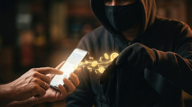 Criminal wearing mask and hoodie stealing money from smartphone with digital currency flow. Hacker performing digital theft. Cybercrime, financial scam and illegal mobile online fraud.