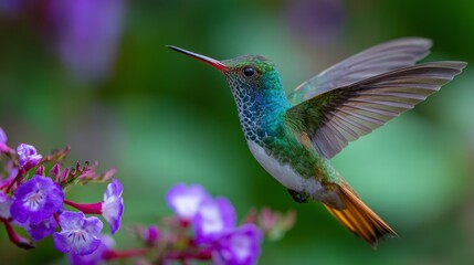 Obraz premium A Ruby-throated hummingbird flying near beautiful flowers in a tropical jungle