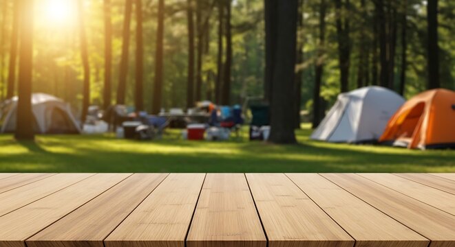 A serene campsite in a forest with a wooden platform in the foreground