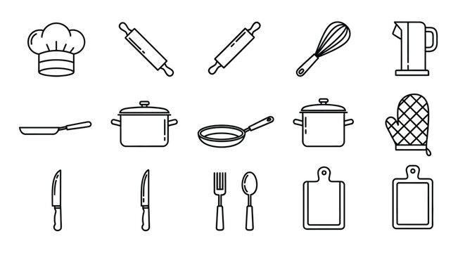 Collection of black and white line art illustrations depicting various baking and cooking tools