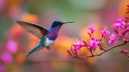 Obraz premium A Ruby-throated hummingbird flying near beautiful flowers in a tropical jungle