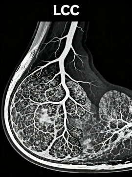 Mammogram breast cancer screening image, LCC view diagnostic mammography, medical radiology scan showing breast tissue and vascular structure isolated on White Background