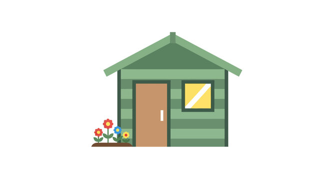Green Garden Shed with Flowers, Simple Flat Design, Outdoor Storage Building